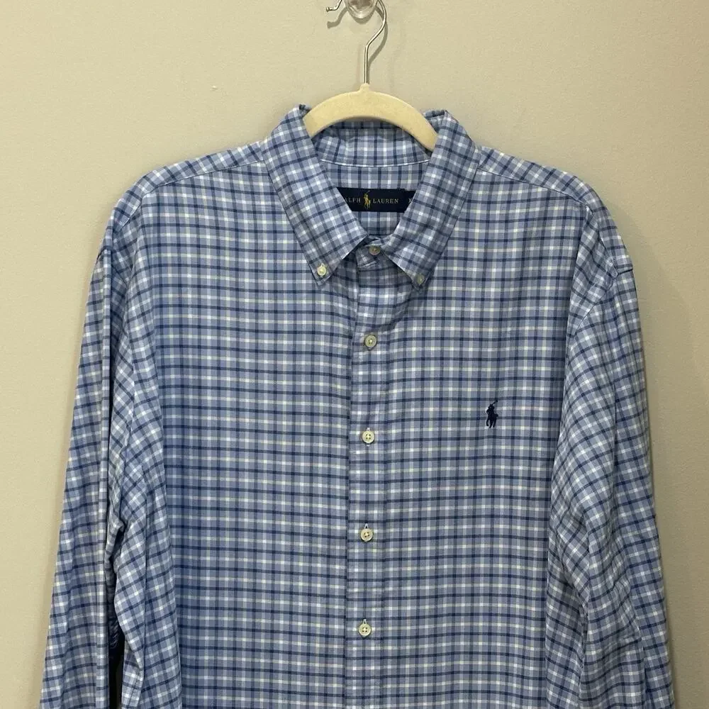 Polo Ralph Lauren Performance Shirt Mens 2XL‎ XXL Blue Plaid Classic Fit Button